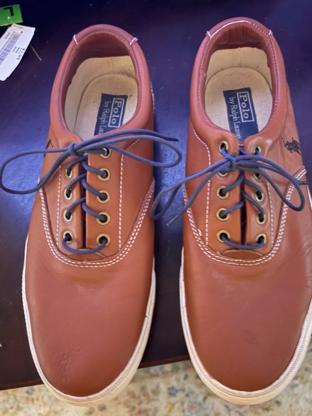 Polo by Ralph Lauren Men’s Tan Leather Boat Shoes with Contrast Laces
